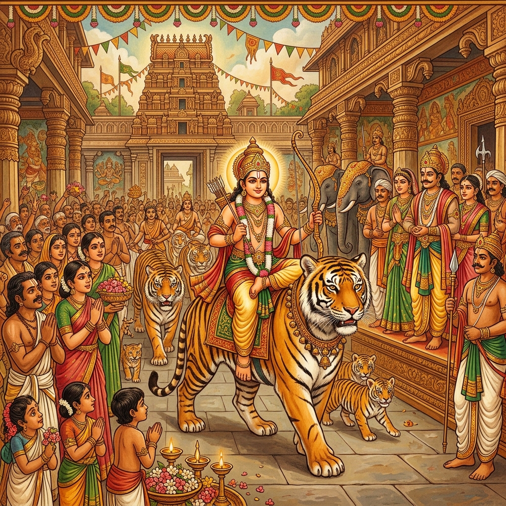 Lord Ayyappa riding a tigress